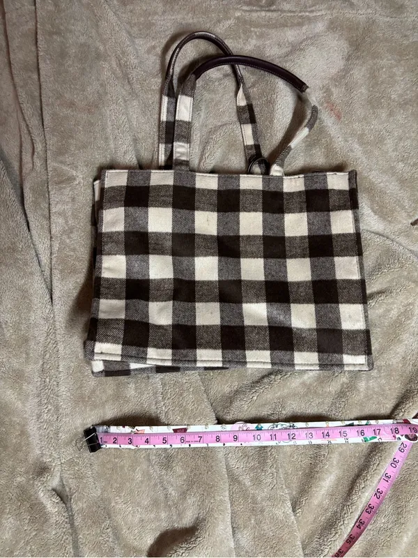 Brown Cream Buffalo Plaid Check Tote Bag Tassel Shoulder Handbag - Image 3