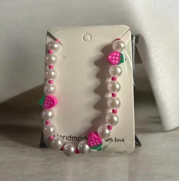 Strawberry with White Pearls Necklace Pink - Image 3
