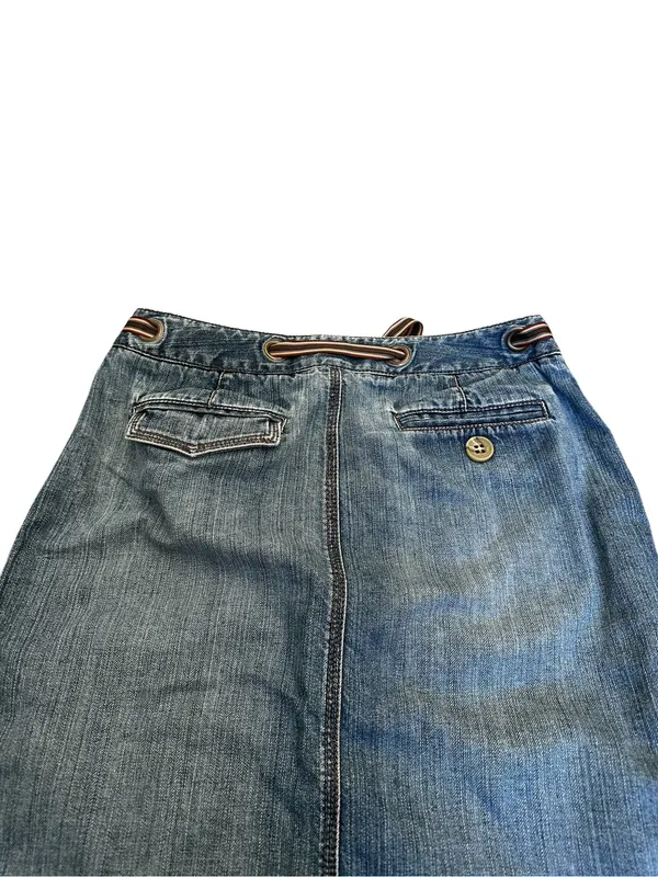 Vintage Y2K Denim Skirt Size 6 Low Rise Grommet Ribbon Belt Boho Streetwear - Image 6