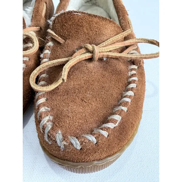 Minnetonka‎ Brown Suede Shearling Lined Moccasins Leather Laces Women's 6 - Image 11