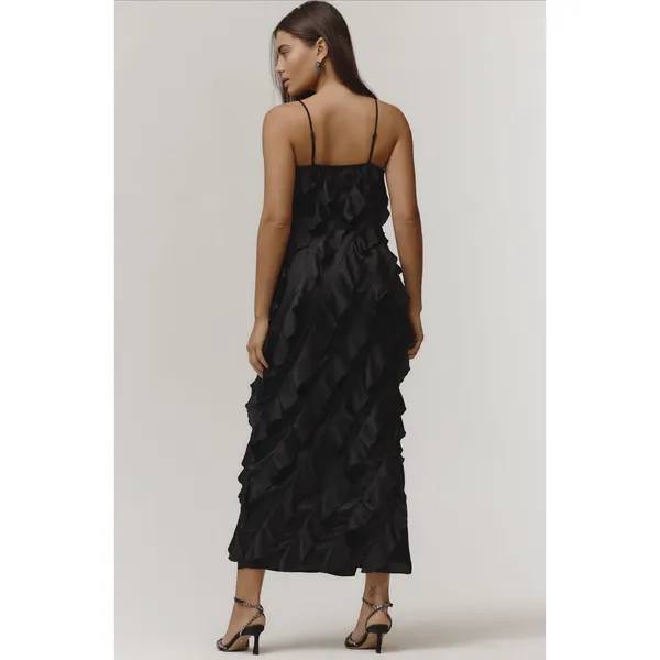 Anthropologie NWT Black‎ Bias Cut Ruffled Satin Midi Dress Size Medium - Image 2
