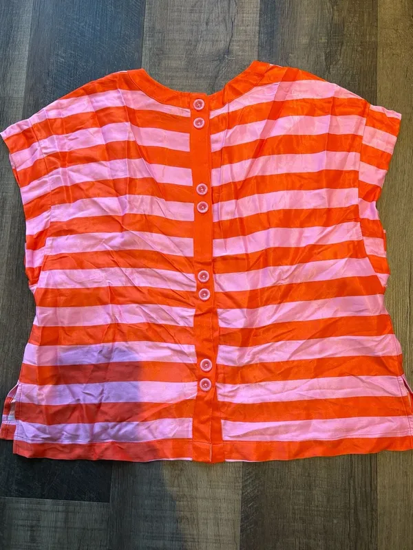 Anthropologie Pink and Orange Striped Button-Back Viscose Top - Image 3