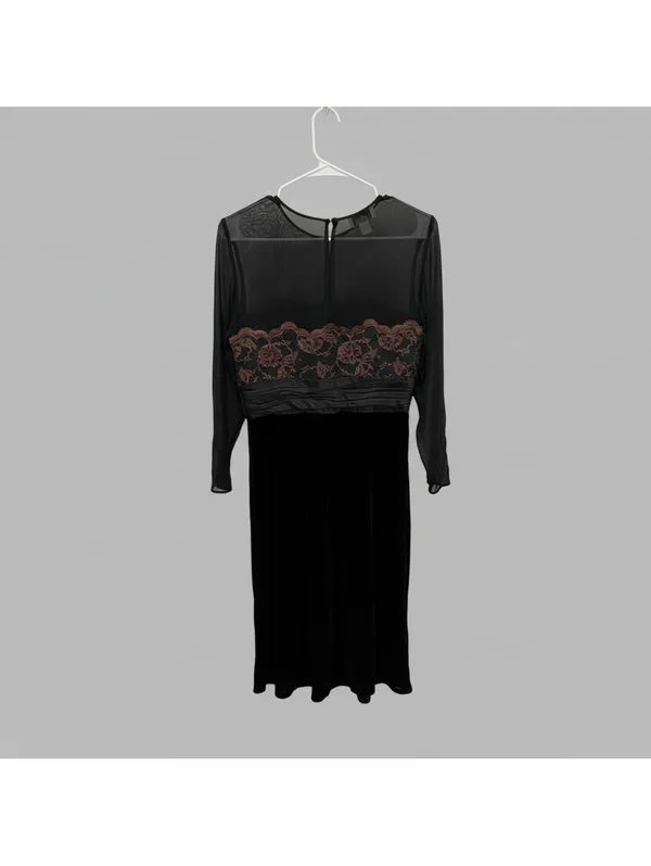 Vintage Talbots Black Velvet Lace Maxi Dress Sheer Mesh Bow Size 8 Dark Romantic - Image 3