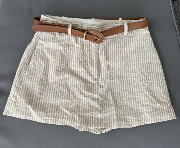 Zara beige stripe mini skirt brown belt - Image 4