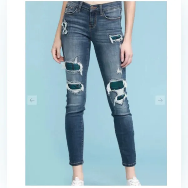 JUDY BLUE Green Blue Plaid Patch Skinny Fit Jeans Size 0/24 Women’s‎ - Image 8
