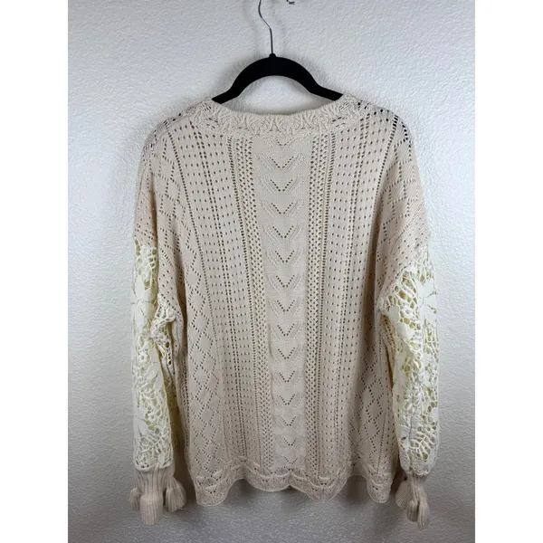 Lace Crochet Long Sleeve Hollow Out Knit‎ Sweater Pullover Top Pointelle L Boho - Image 4