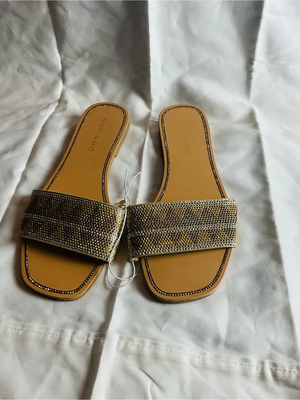 Andiamo Gold Rhinestone Embellished Square Toe Flat Slide Sandals Size 6.5 - Image 2