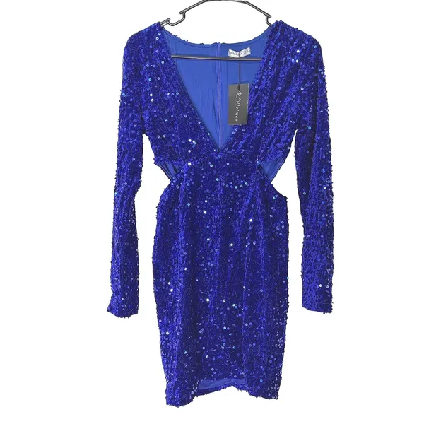 NWT R.Vivimos Blue‎ Sequin Velvet Cutout Mini Bodycon Dress Small - Image 6