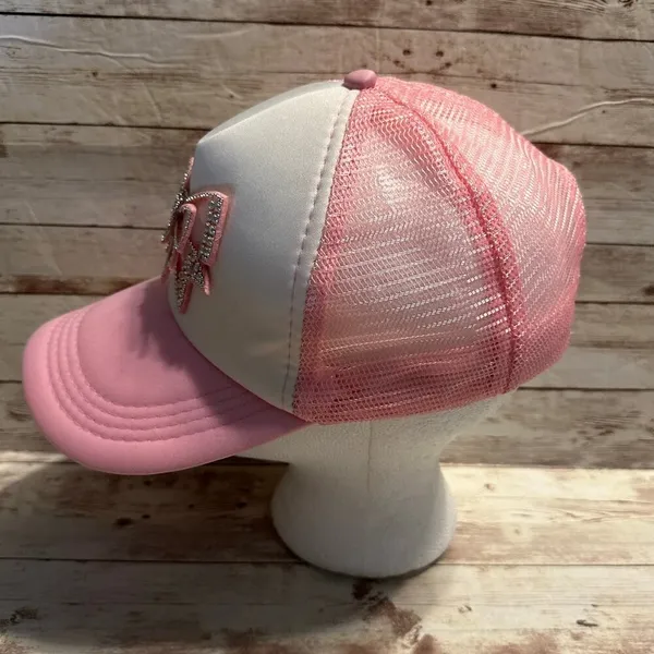 Bow Trucker Hat Pink White Coquette Blingy Mesh One-Size Snap Back Girly Cap - Image 4