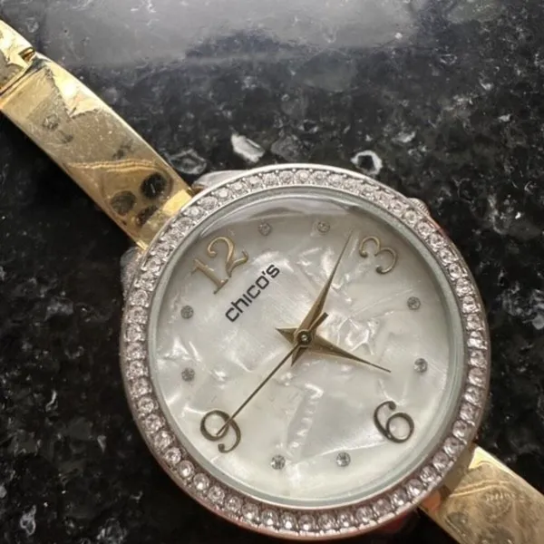Chico’s Large Face Mother of Pearl Pave Rhinestone Goldtone Delicate‎ Band Watch - Image 5
