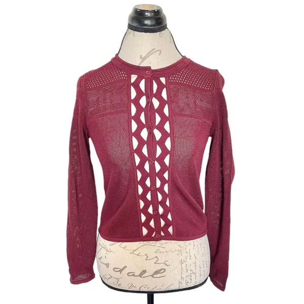 Sandro Sweater Long Sleeve Cropped Open Knit Top Cutout Mesh Quiet Luxury Sz XS - Image 2