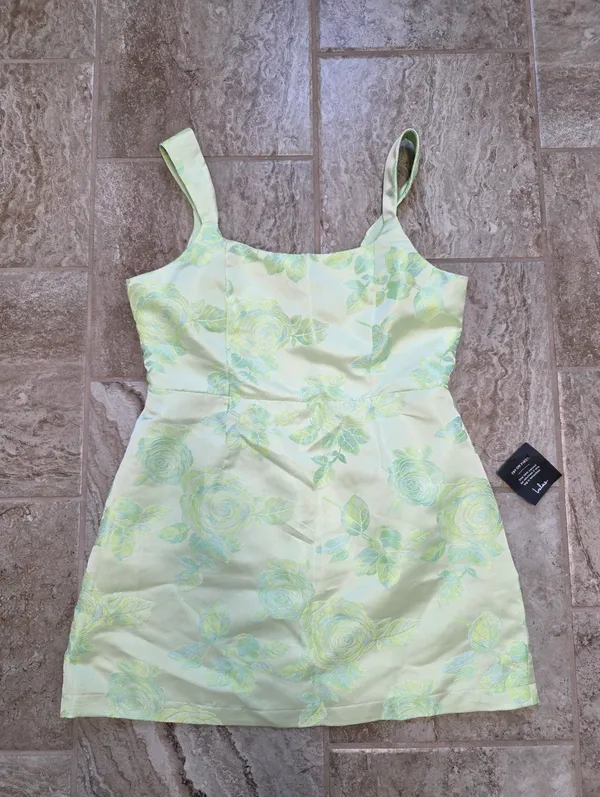 Lulus Brighter Side Mint Green Floral Satin Jacquard Mini Dress Size XL NY Jets - Image 3