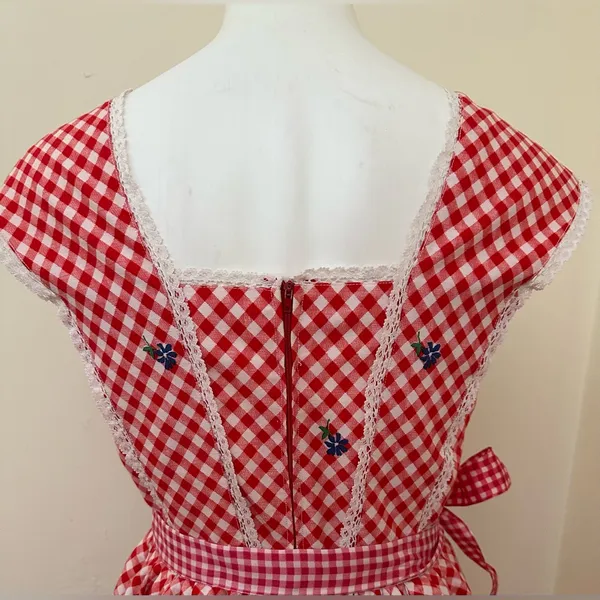 Red White Retro Gingham Checkered Lace Sleeveless Wing Hand Made Dress Sz S - Image 11