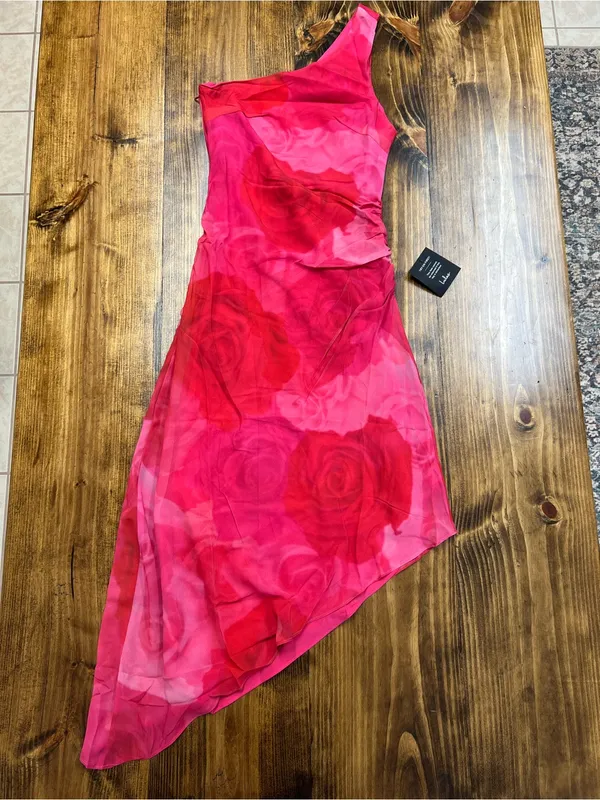 Lulus Pretty Serene Pink Floral One-Shoulder Asymmetrical Midi Dress Size XS NWT - Image 5