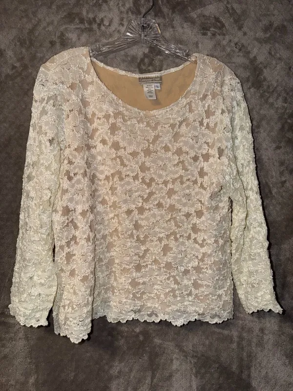Coldwater Creek Lace Top Size L Cream Long Sleeve Floral Scallop Hem - Image 3