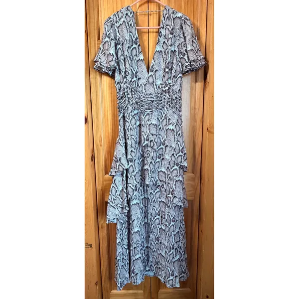 AFRM Micah Corset Tiered Maxi Dress Snakeskin Print XL Tiered Ruffle V-Neck - Image 2