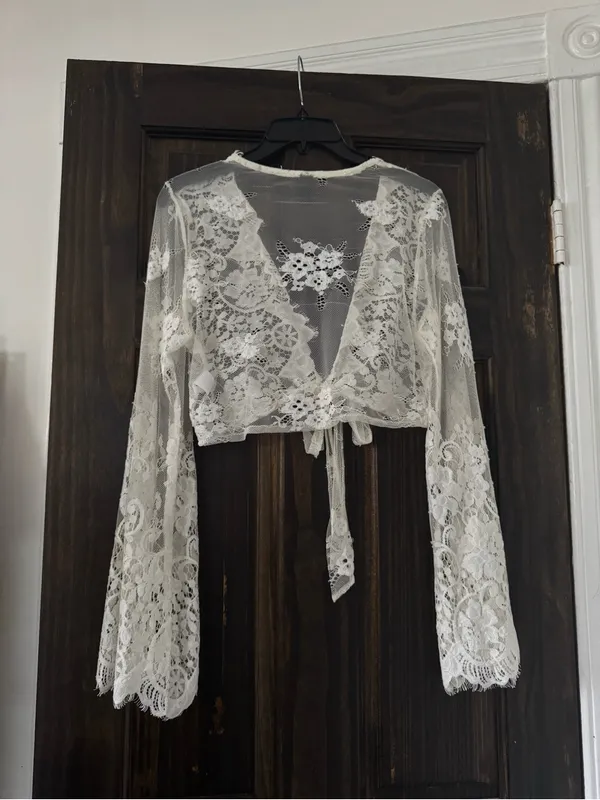 Sheer Lace Tie-Front Cropped Top - Off White - Image 4