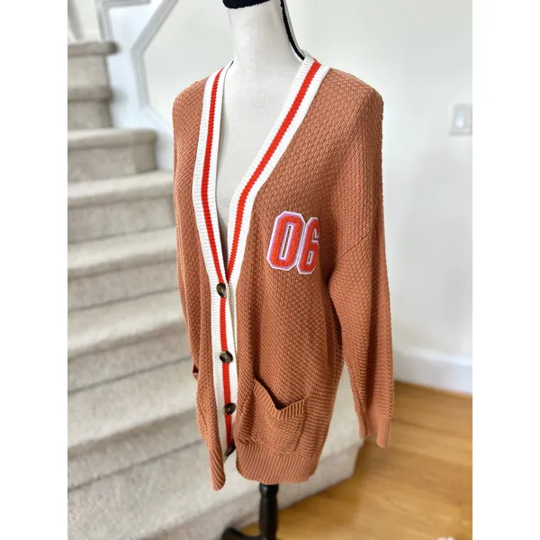 Aerie Burnt Orange Brown Waffle Oversize Varsity Stripe Cardigan - Image 2