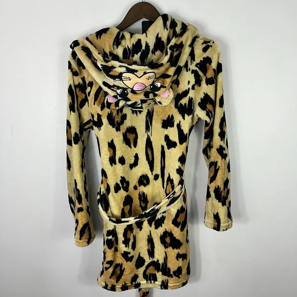 ASOS Leopard Print Robe Womens XS Tan Black Hooded Fleece Animal‎ Loungewear - Image 2