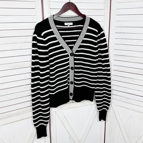 Bagatelle Collection Striped V Neck Cardigan‎ Sweater Black White Small - Image 7