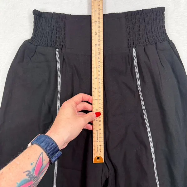 TARSE Medium Wide Leg Palazzo Pants Black Linen Blend Contrast Stitch Boho Viral - Image 11