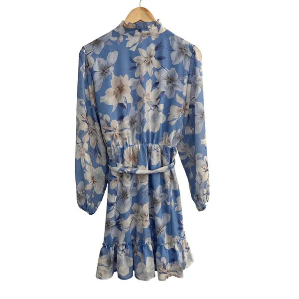 Joie‎ Blue Floral Chiffon Ruffle V-Neck Mini Dress Long Sleeve Large Coquette - Image 2