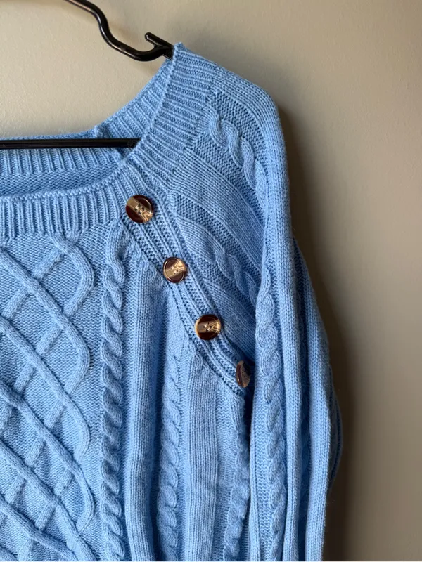 Cable Knit Sweater Blue Women’s Medium Button Shoulder Cozy Knit - Image 2