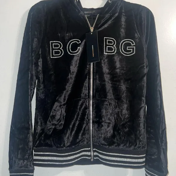 BCBG Max Azria BLACK VELVET BLING SILVER STUD DRAGON & LOGO HOODIE & CROPPED PANTS SET NWT - Image 10