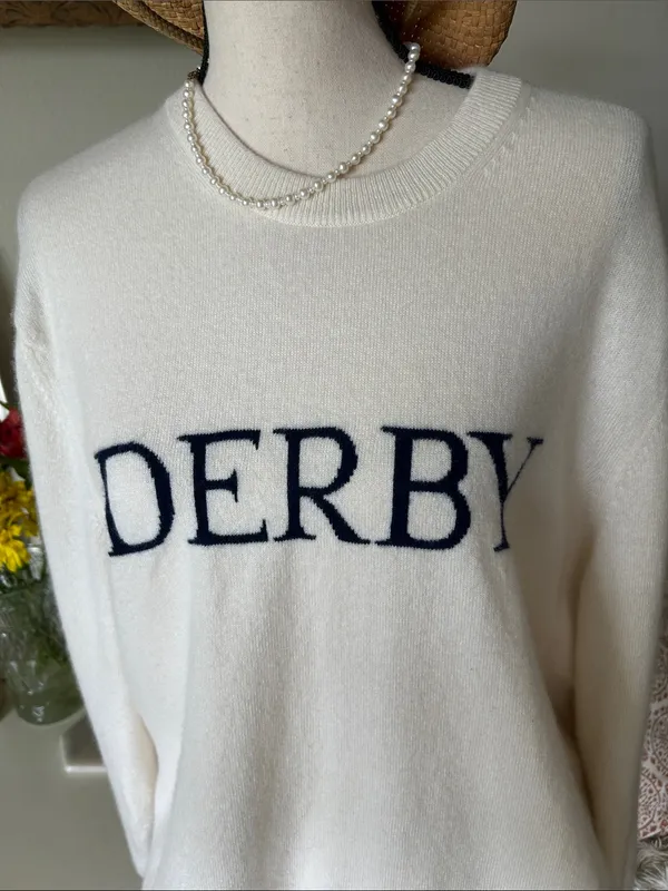 Vineyard Vines Kentucky Derby Cream navy 100% Cashmere crew neck sweater XL - Image 2