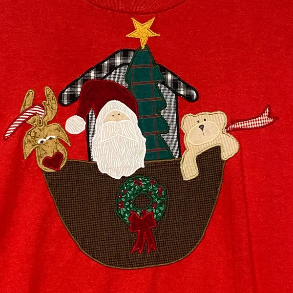 Vintage Fruit of the Loom Shirt‎ XL Red Christmas Santa Reindeer Applique USA - Image 2