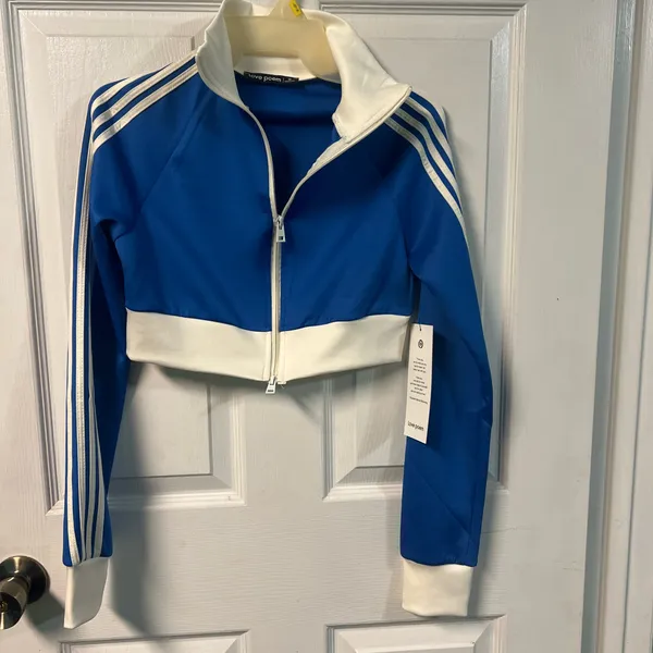 Love poem blue track jacket striped cropped zip up sweater athletic activewear medium - Image 2