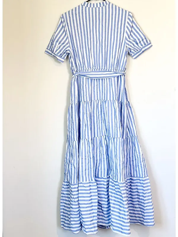 NWT Cupshe Blue Striped Puff Sleeve Front Button Maxi Dress - Size: Small - Image 9