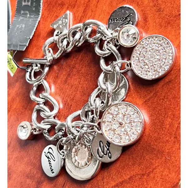 Guess Y2K Charm Link Bracelet Silver Rose Gold Crystal Logo Dangle Modern Glam‎ - Image 2