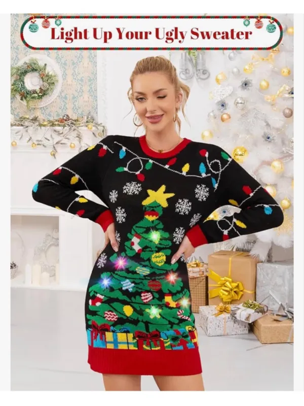 NEW Ugly Christmas Tree Sweater Dress Light Up LED M - Image 2