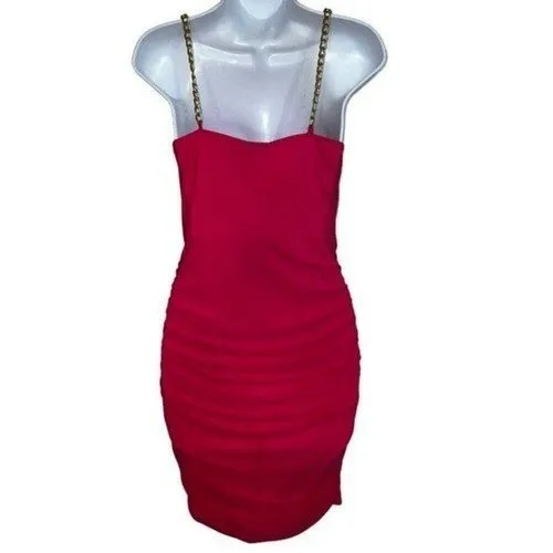 PRETTYLITTLETHING Hot Pink Ruched Bodycon‎ Mini Dress Gold Chain Straps NWT 6 - Image 5