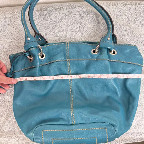 Tignanello Teal Blue Leather Tote Bag Satchel Striped Satin Lining Boho Slouchy - Image 13