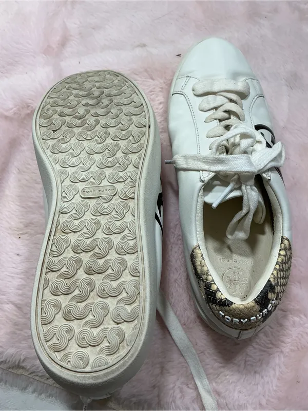 Tory Burch White Leather Sneakers with Black Logo and Snakeskin Trim 159 - Image 7