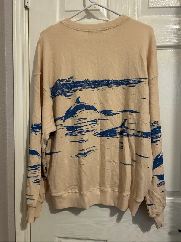 Daydreamer Free people Cream Dolphin-Print Crewneck Sweater oversized Large - Image 7