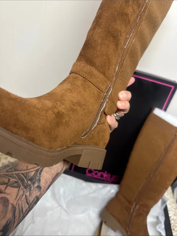 Corkys Tall Hey there Chestnut Suede-Look Ribbed Back Heeled Boots - Image 4