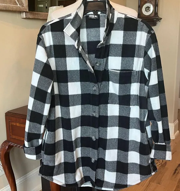 Eddie Bauer Micro fleece Button Up Shirt Black White Buffalo Check Oversized - Image 7
