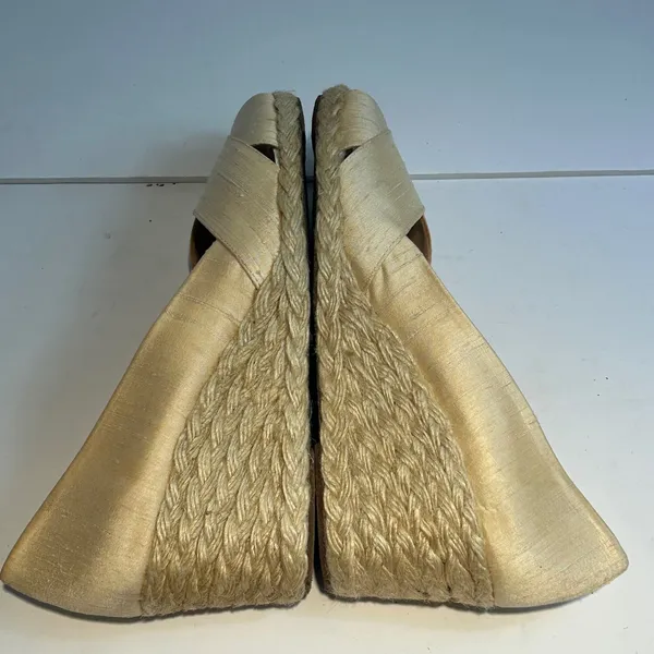 Lauren Ralph Lauren Cecilia Parchment Shantung‎ Espadrille Wedges Gold 9B Spain - Image 11