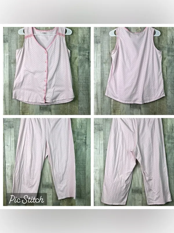 Pink K Pink Button Front Med. Sleeveless PJ Set Matching Pants Stretch Waistband - Image 2