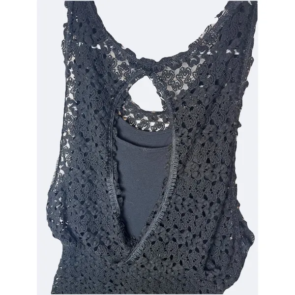 Free People Black Crochet Lace Mini Dress Open Back Sleeveless Scalloped Hem XS - Image 6