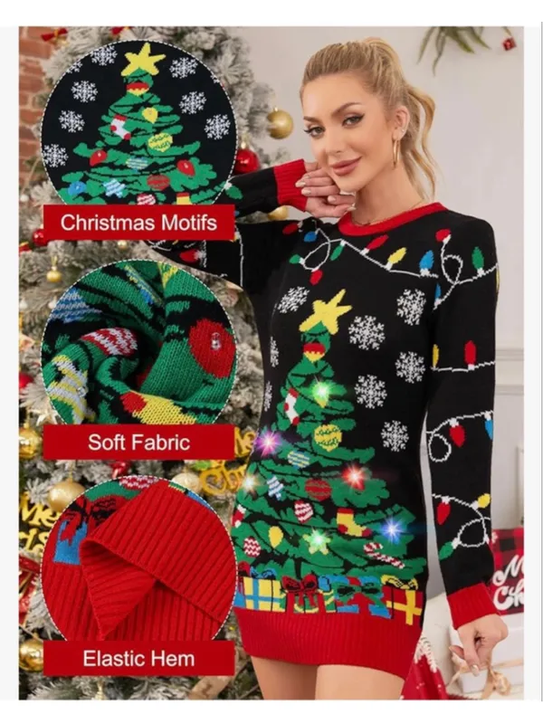 NEW Ugly Christmas Tree Sweater Dress Light Up LED M - Image 7