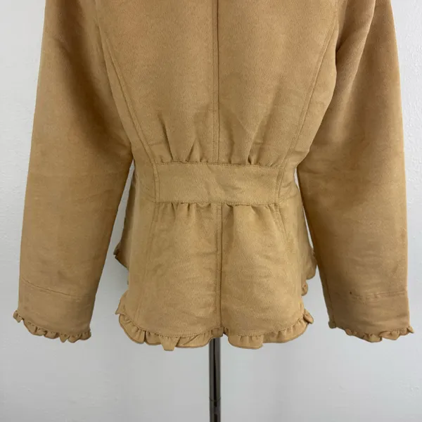 FADED GLORY Y2K Tan Blonde Faux Suede V Neck Ruffle Trim Button Up Blazer Jacket - Image 7
