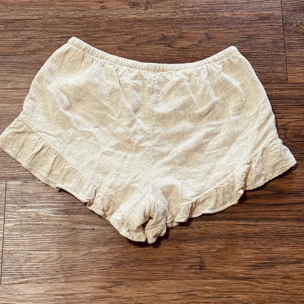 Abercrombie & Fitch Pull On Linen Blend Ruffle Drawstring Shorts Cream Beige M - Image 8