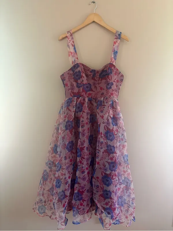 Lulus Delightful Look Magenta Floral Print Bustier Midi Skater Dress Size Large - Image 4