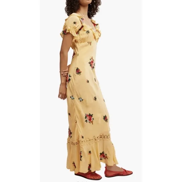 Free People Bali Santa Cruz Maxi Dress Floral Embroidered Cutout Ruffle Size XS - Image 3