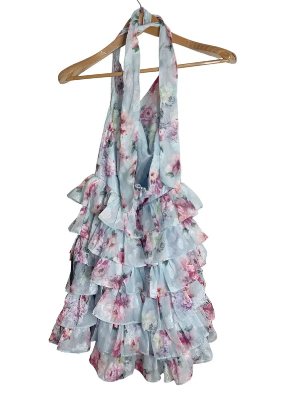 Lulus Trending Adorable Light Blue Floral Tiered Halter Mini Chiffon Dress sz L - Image 3