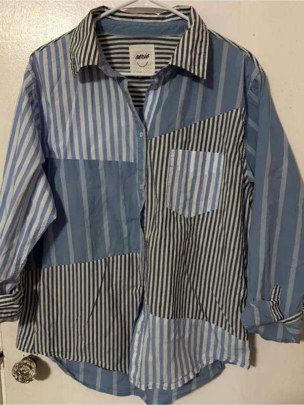 aerie Blue and White Patchwork Stripe Button-Up Shirt - Image 2